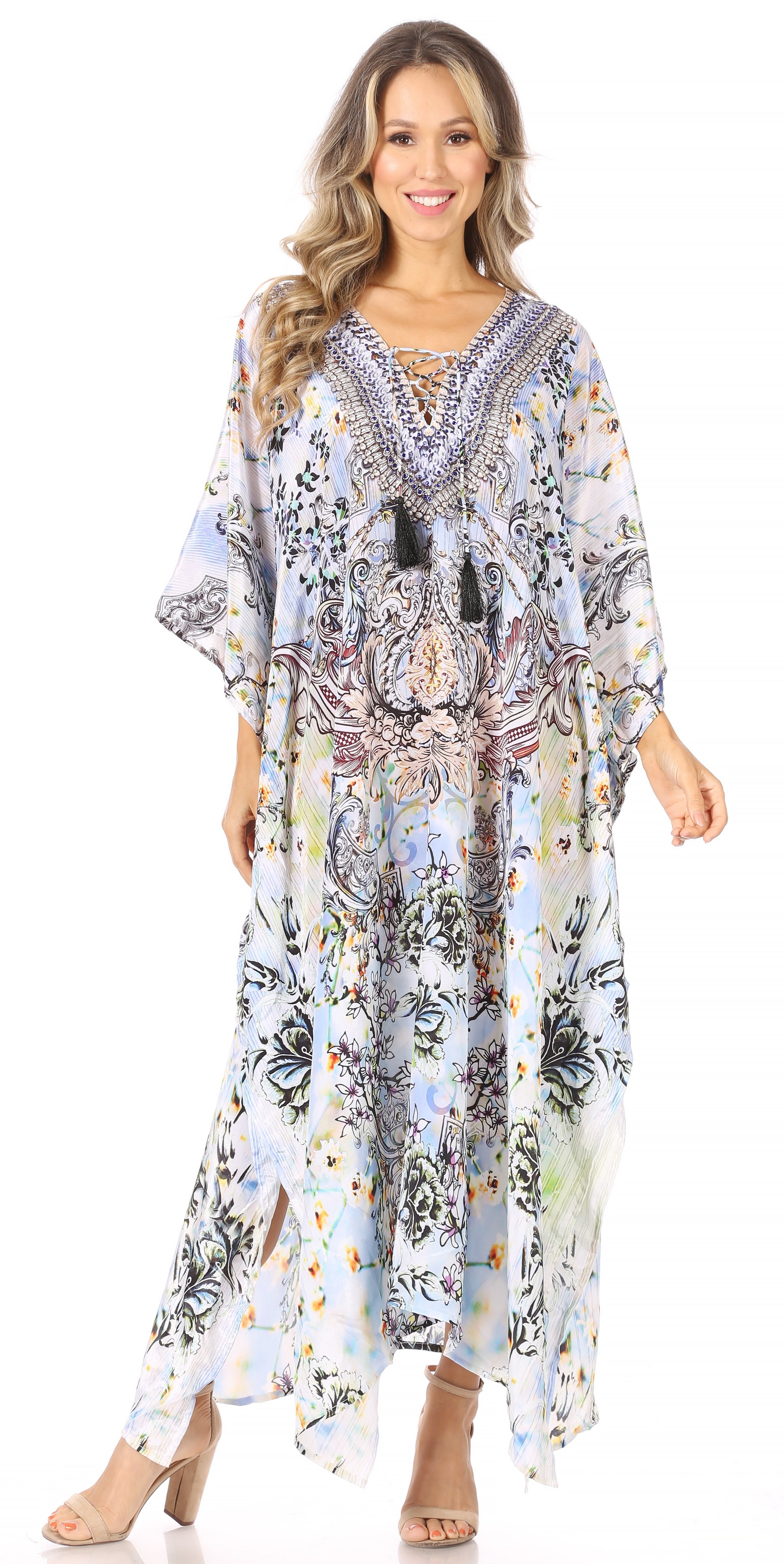 Sakkas Georgettina Flowy Rhinestone V Neck Long Caftan Dress/Cover Up Sakkas Store