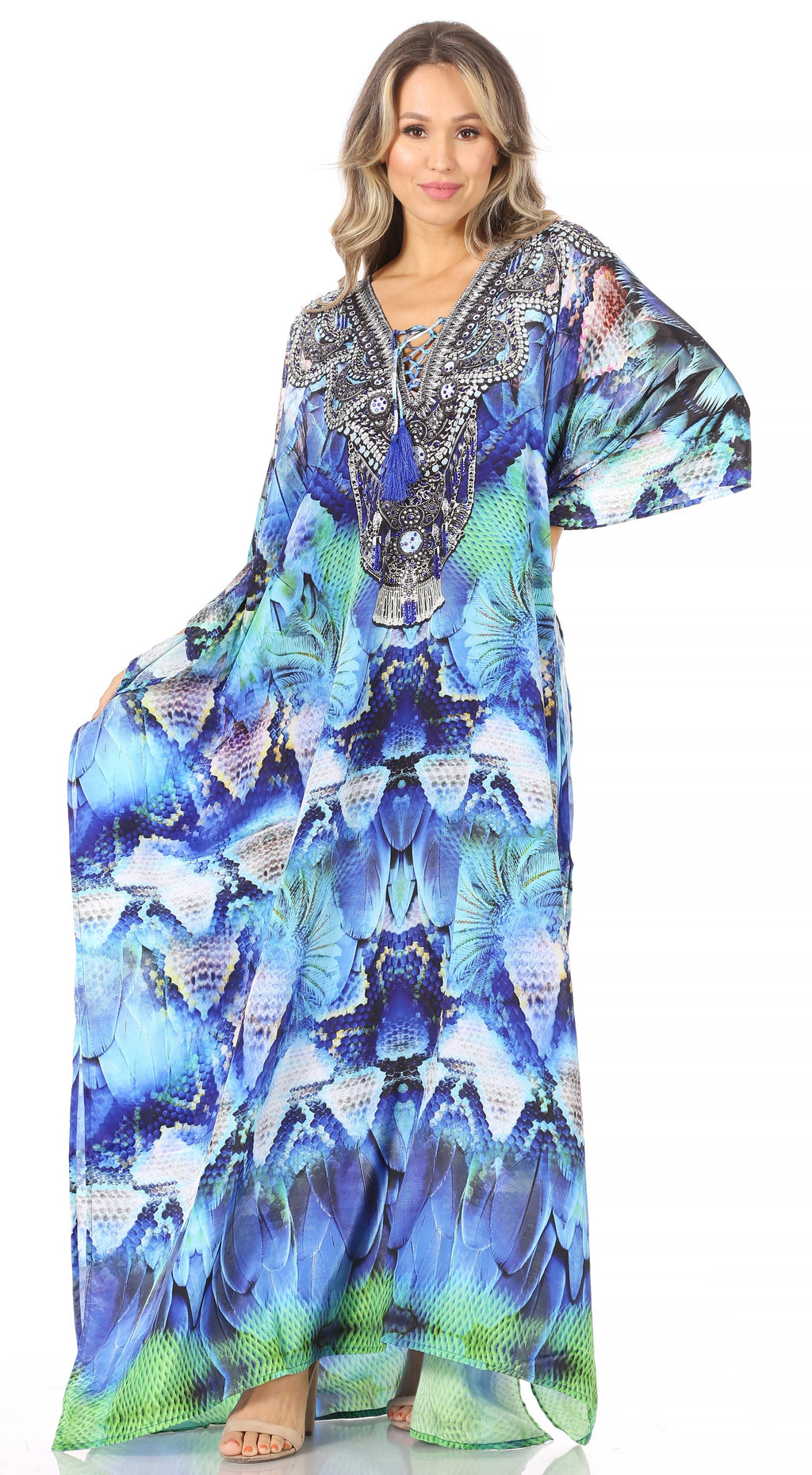 Sakkas Georgettina Flowy Rhinestone V Neck Long Caftan Dress/Cover Up Sakkas Store