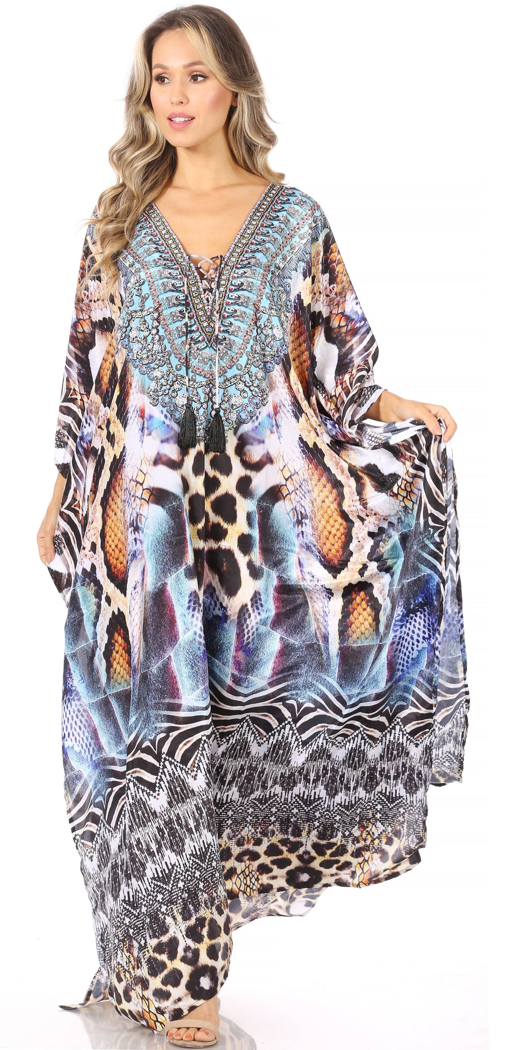 Sakkas Georgettina Flowy Rhinestone V Neck Long Caftan Dress/Cover Up Sakkas Store