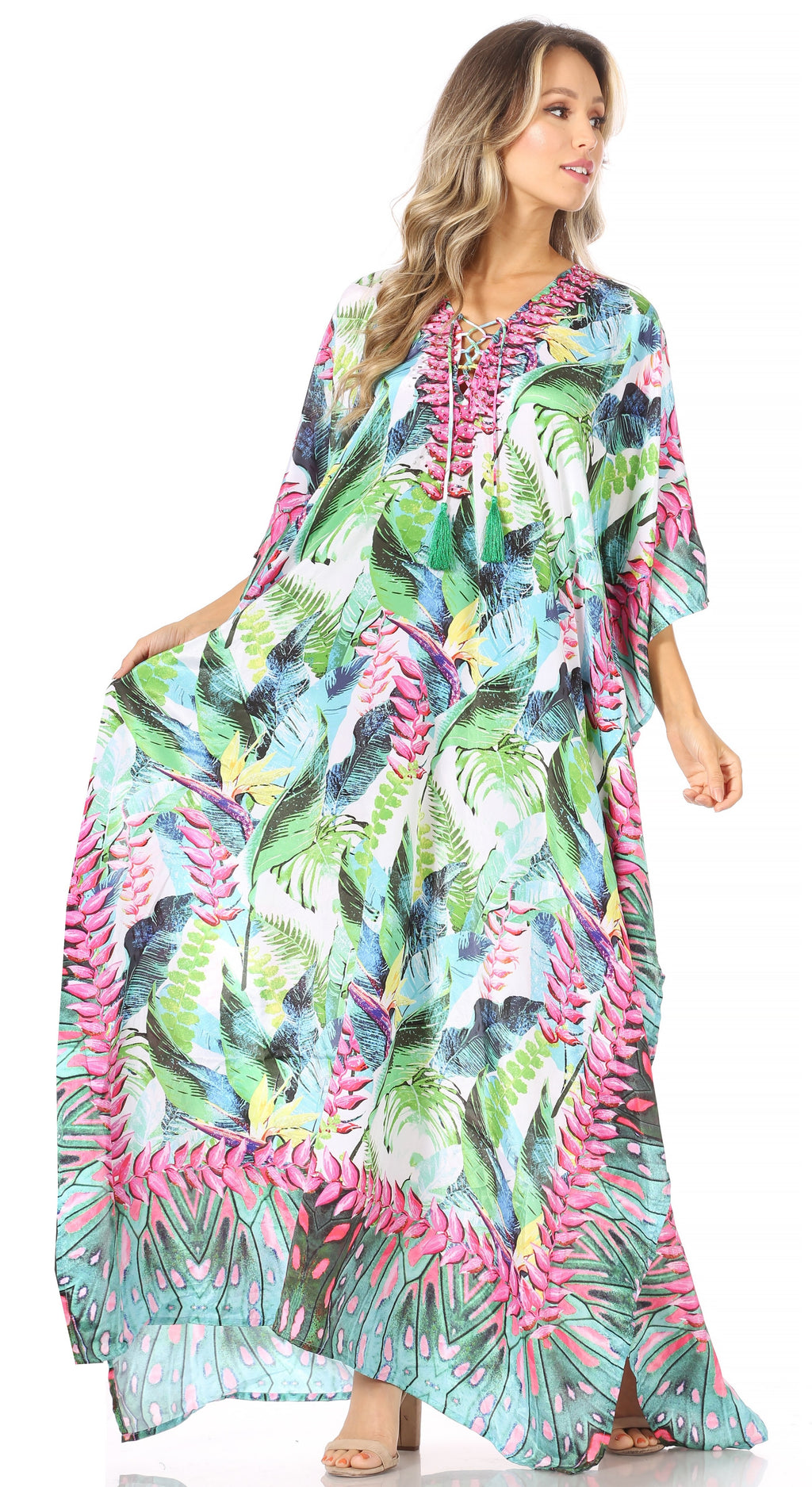Sakkas Georgettina Flowy Rhinestone V Neck Long Caftan Dress/Cover Up Sakkas Store