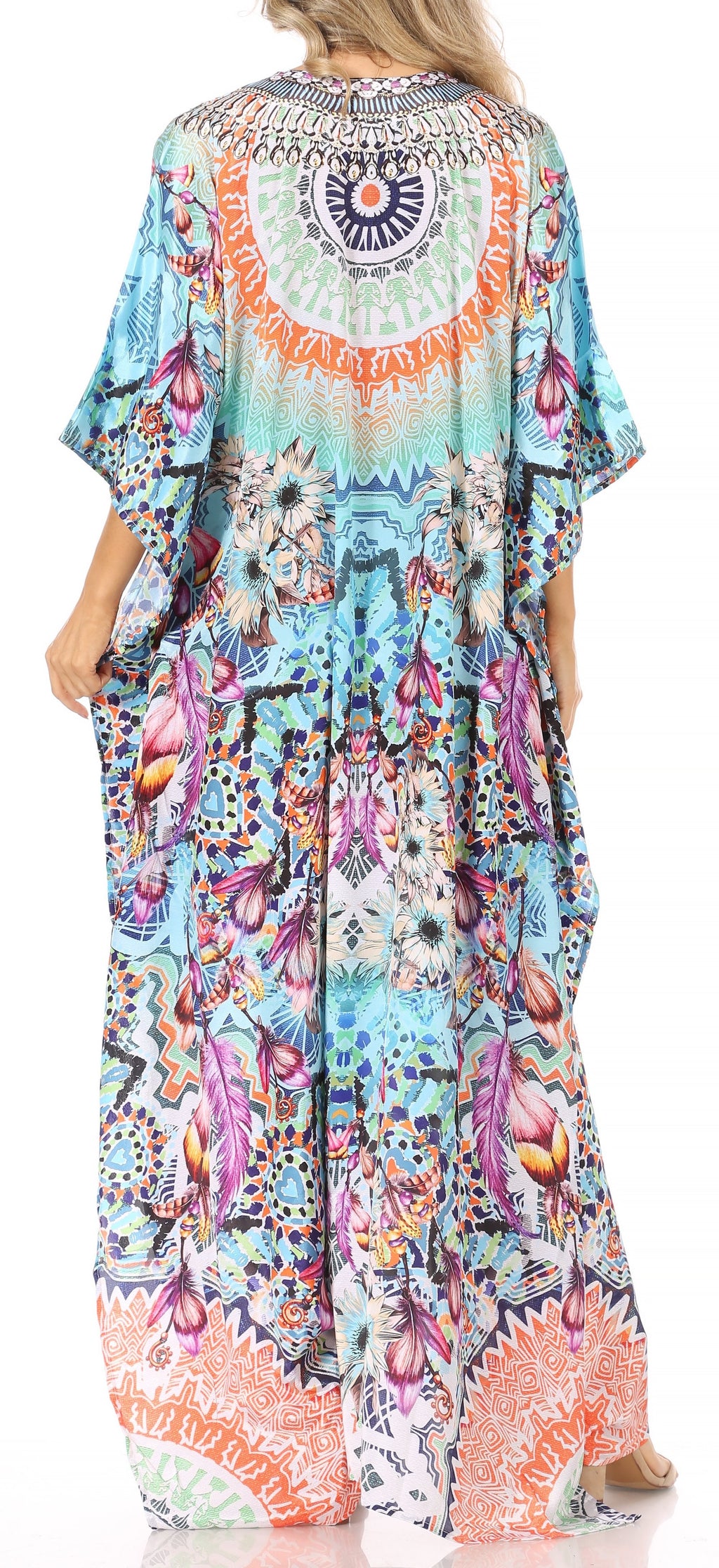 Sakkas Georgettina Flowy Rhinestone V Neck Long Caftan Dress/Cover Up Sakkas Store