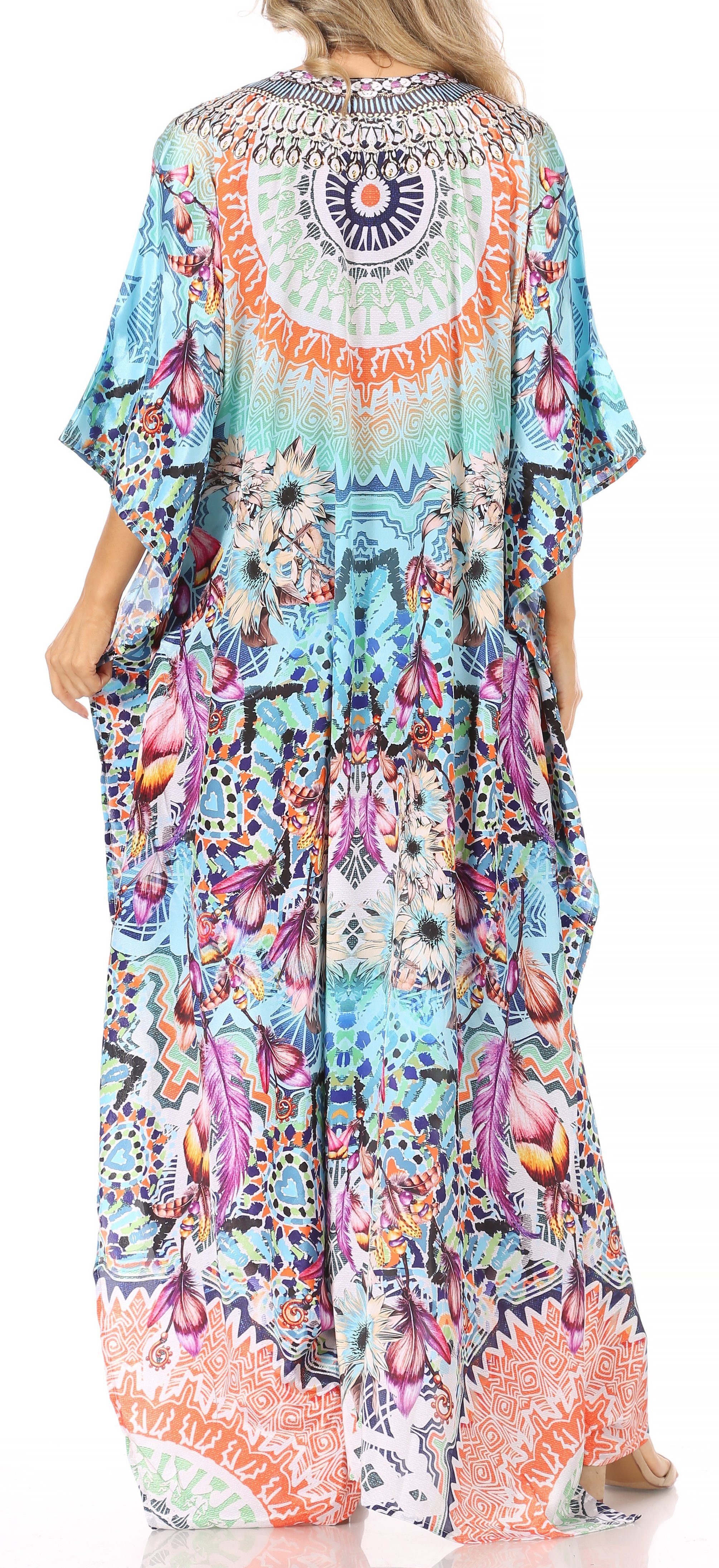 Sakkas Georgettina Flowy Rhinestone V Neck Long Caftan Dress/Cover Up Sakkas Store