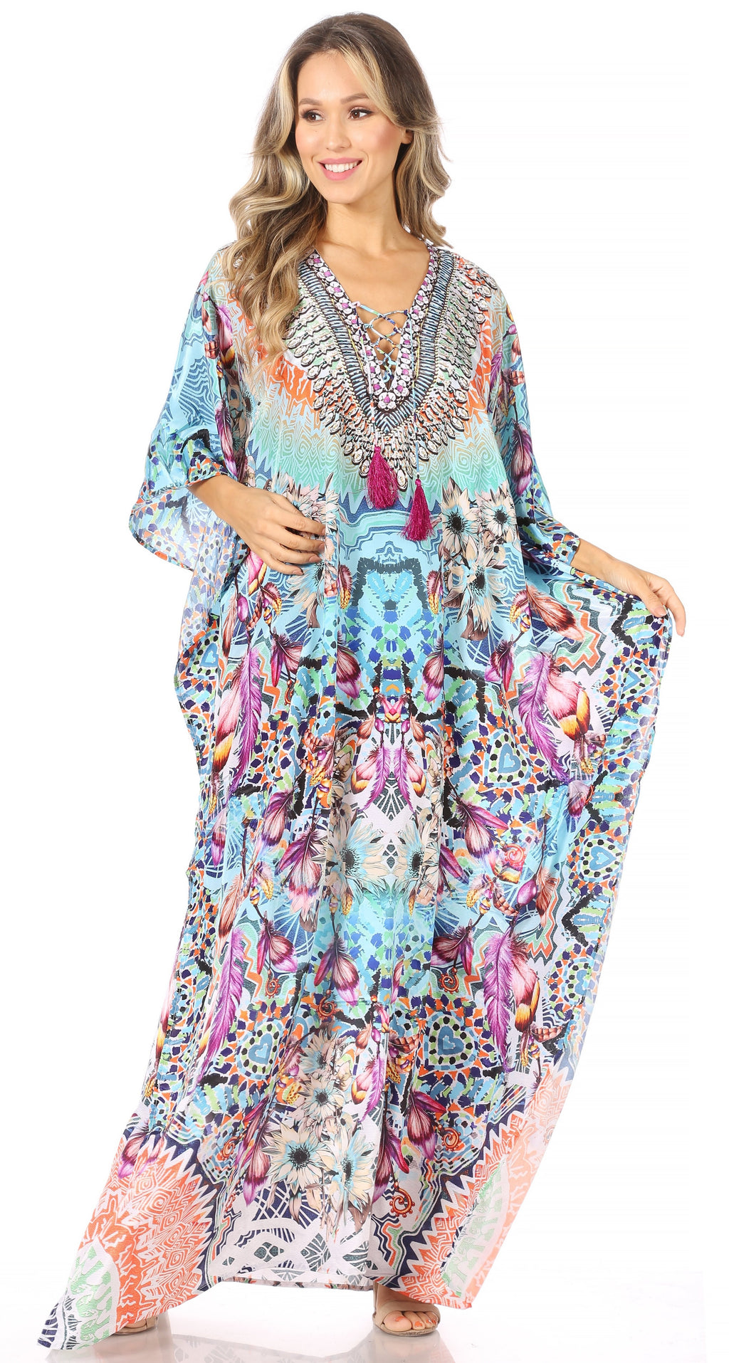 Sakkas Georgettina Flowy Rhinestone V Neck Long Caftan Dress/Cover Up Sakkas Store