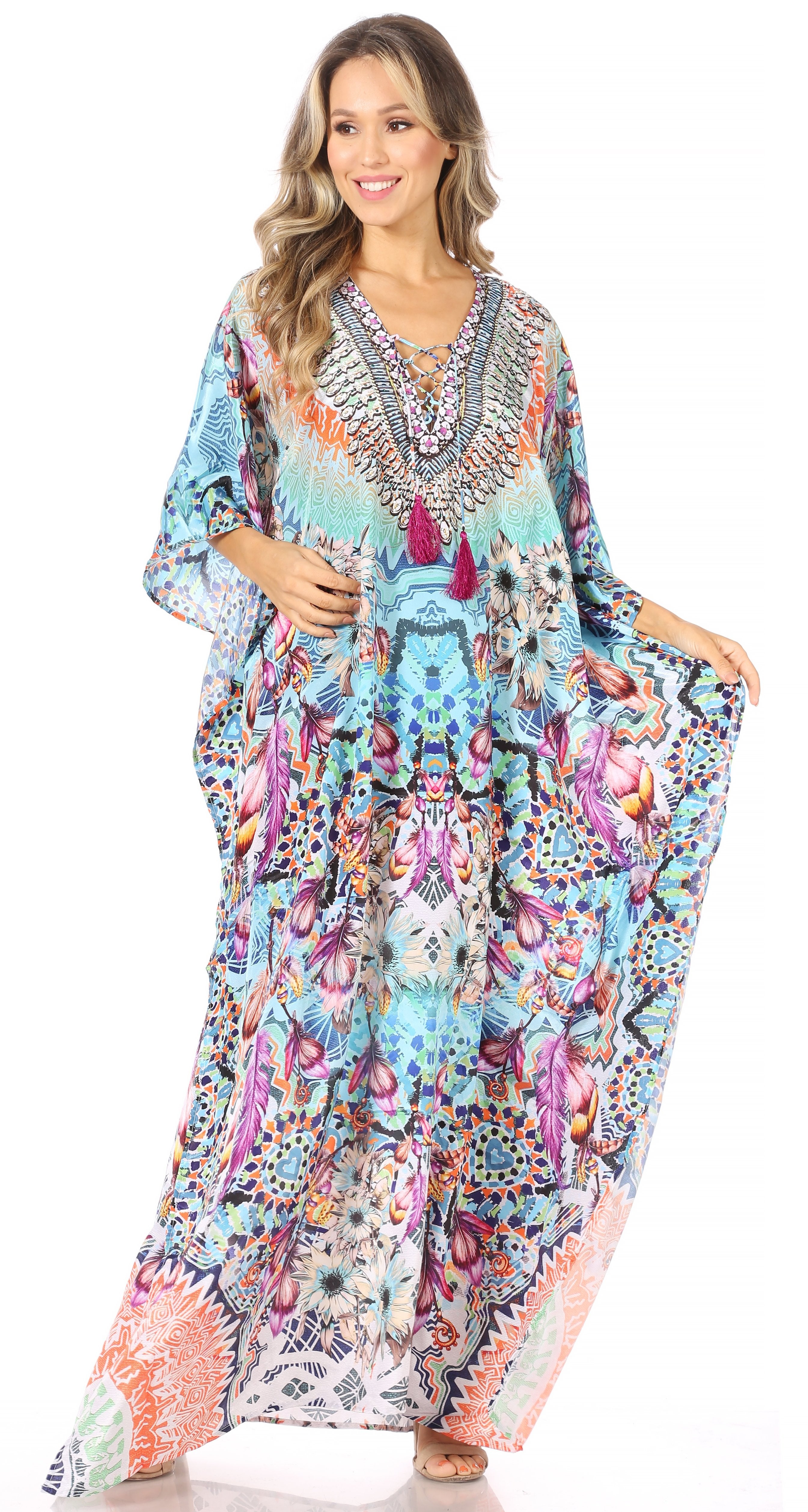 Sakkas Georgettina Flowy Rhinestone V Neck Long Caftan Dress/Cover Up Sakkas Store