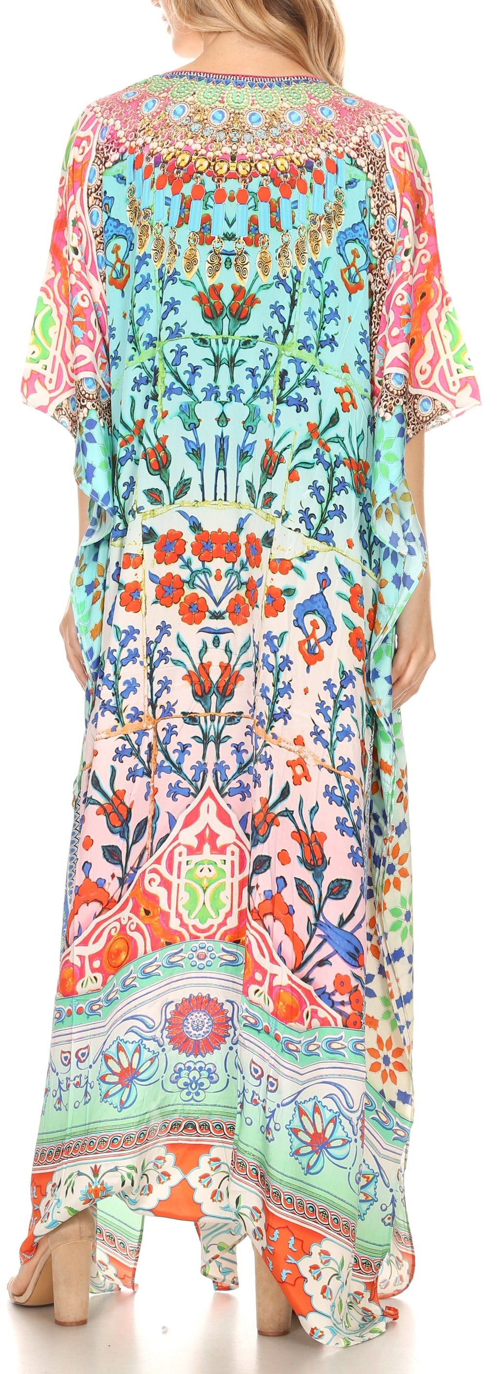 Sakkas Georgettina Flowy Rhinestone V Neck Long Caftan Dress/Cover Up Sakkas Store
