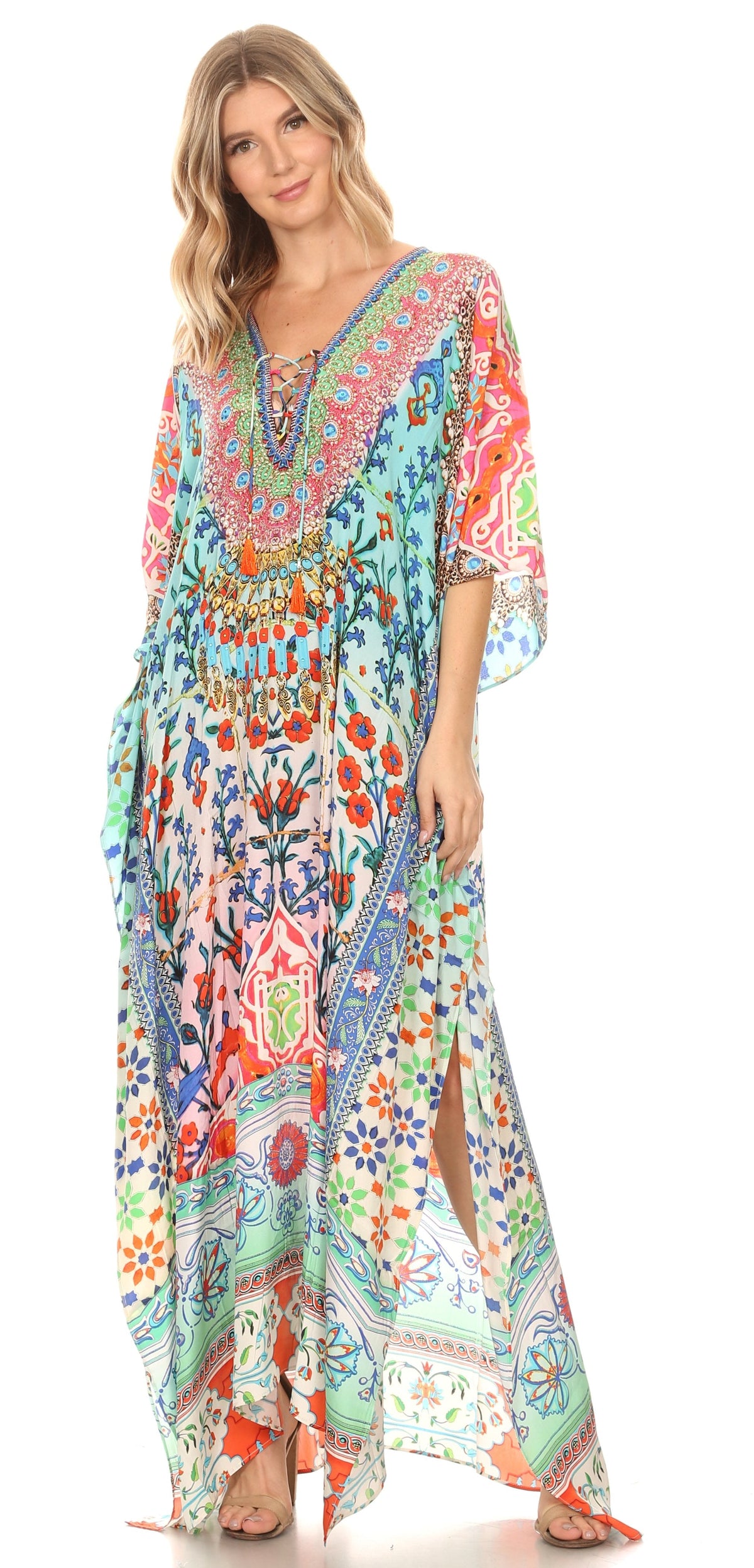 Sakkas Georgettina Flowy Rhinestone V Neck Long Caftan Dress/Cover Up Sakkas Store
