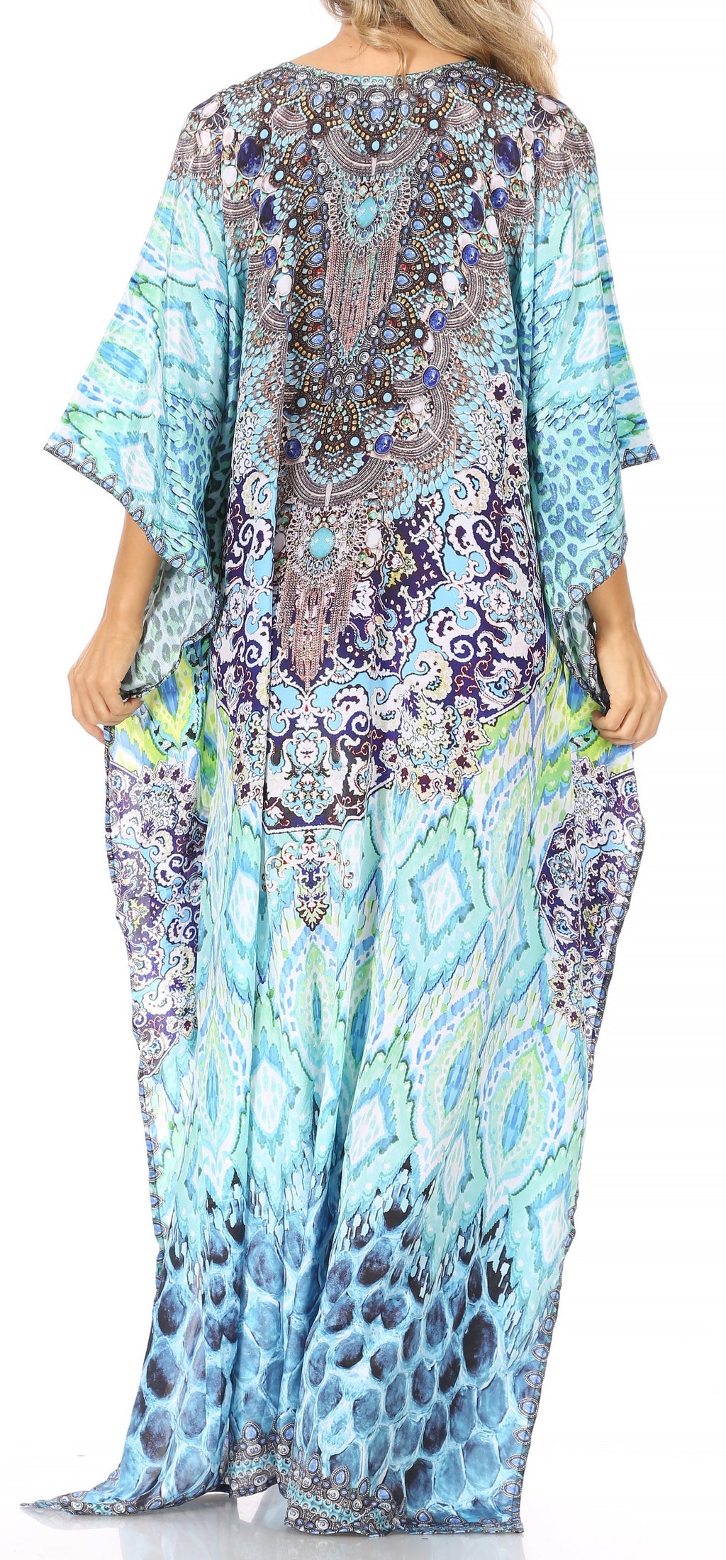 Sakkas Georgettina Flowy Rhinestone V Neck Long Caftan Dress/Cover Up Sakkas Store