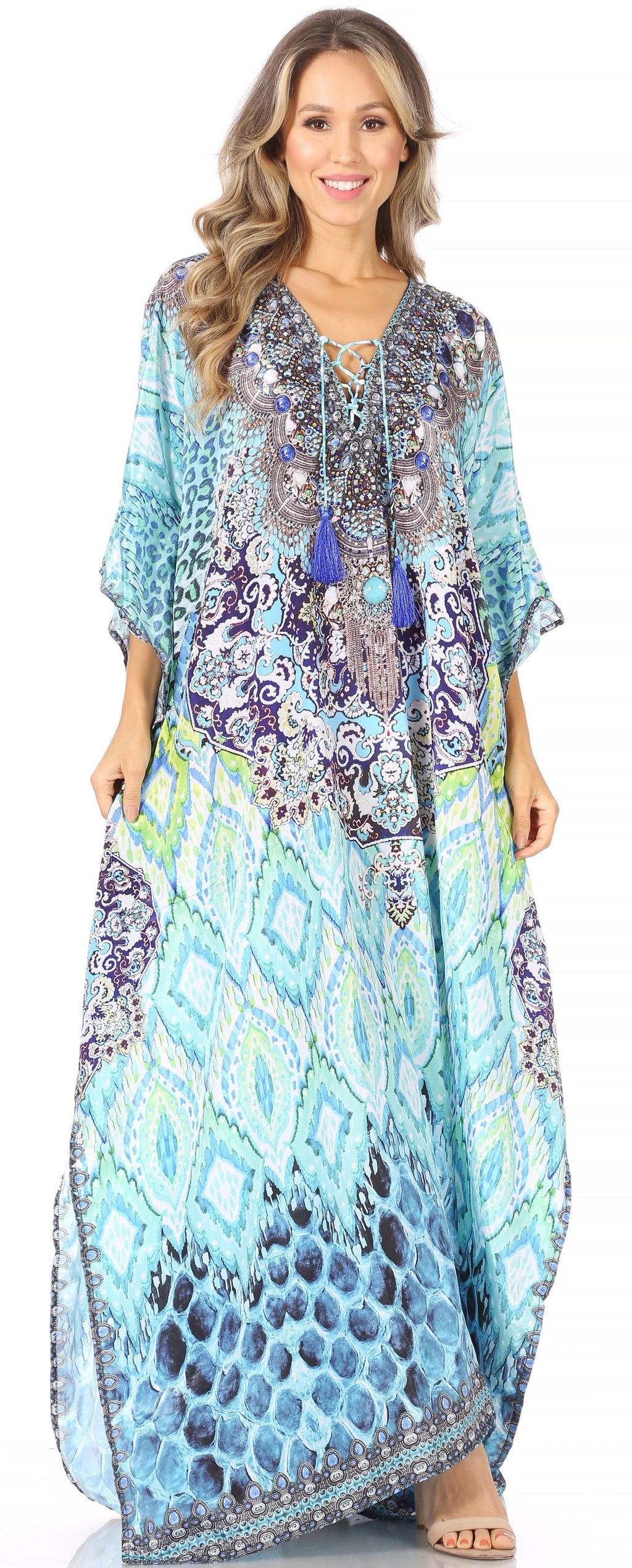 Sakkas Georgettina Flowy Rhinestone V Neck Long Caftan Dress/Cover Up Sakkas Store