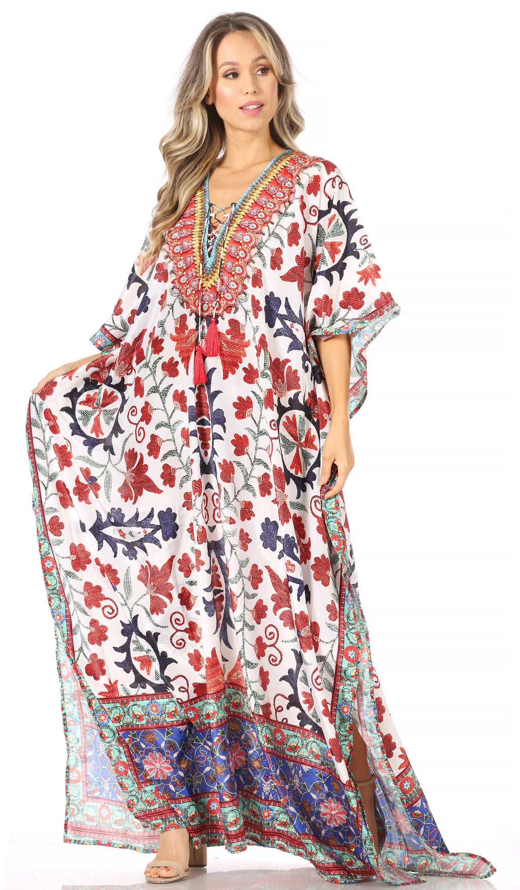 Sakkas Georgettina Flowy Rhinestone V Neck Long Caftan Dress/Cover Up Sakkas Store