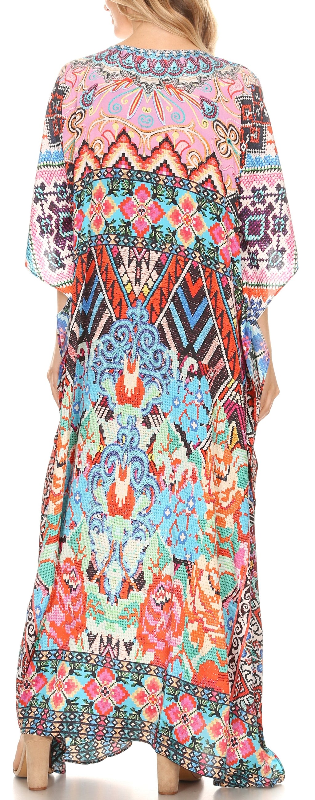 Sakkas Georgettina Flowy Rhinestone V Neck Long Caftan Dress/Cover Up Sakkas Store