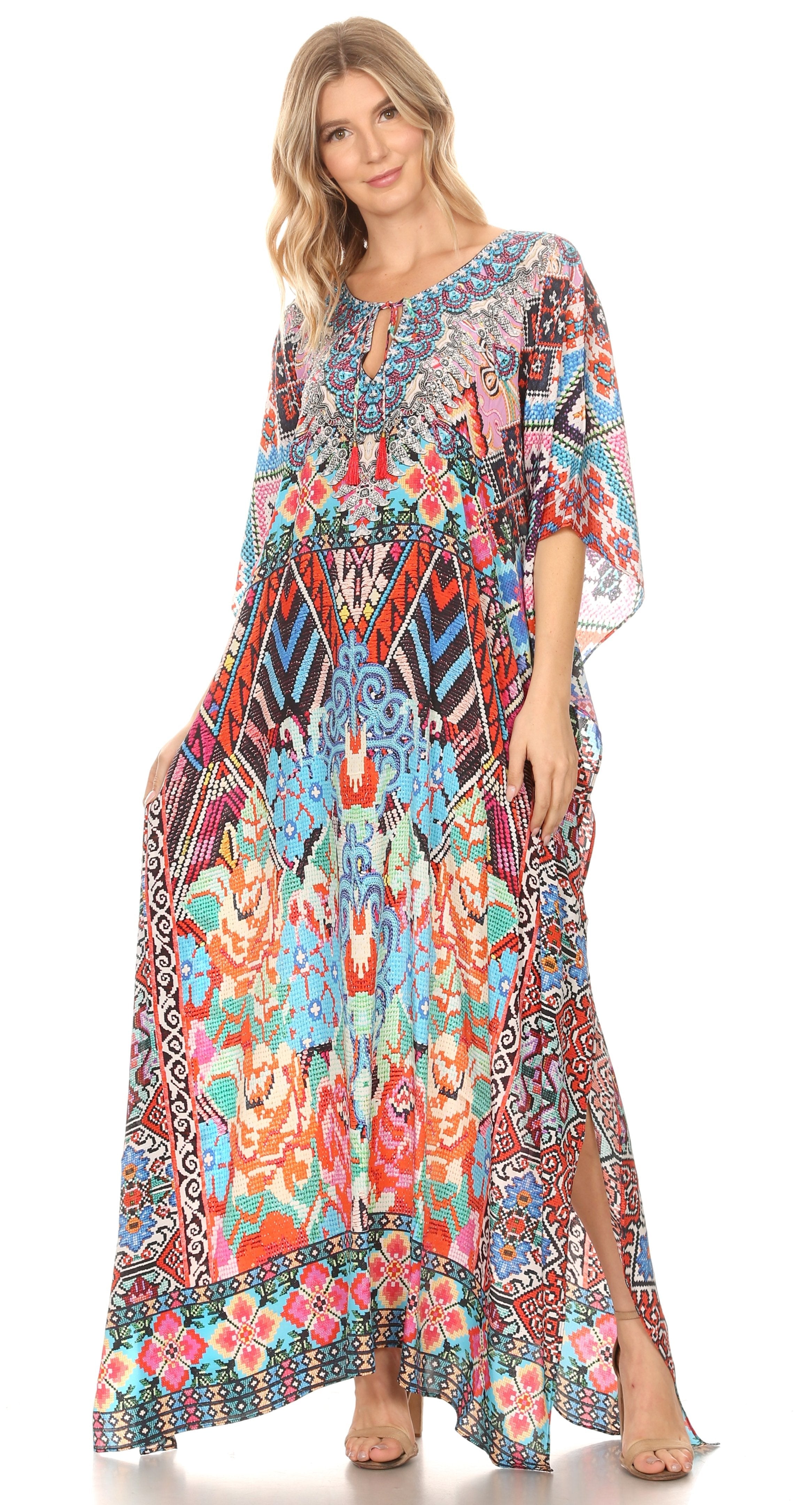 Sakkas Georgettina Flowy Rhinestone V Neck Long Caftan Dress/Cover Up Sakkas Store