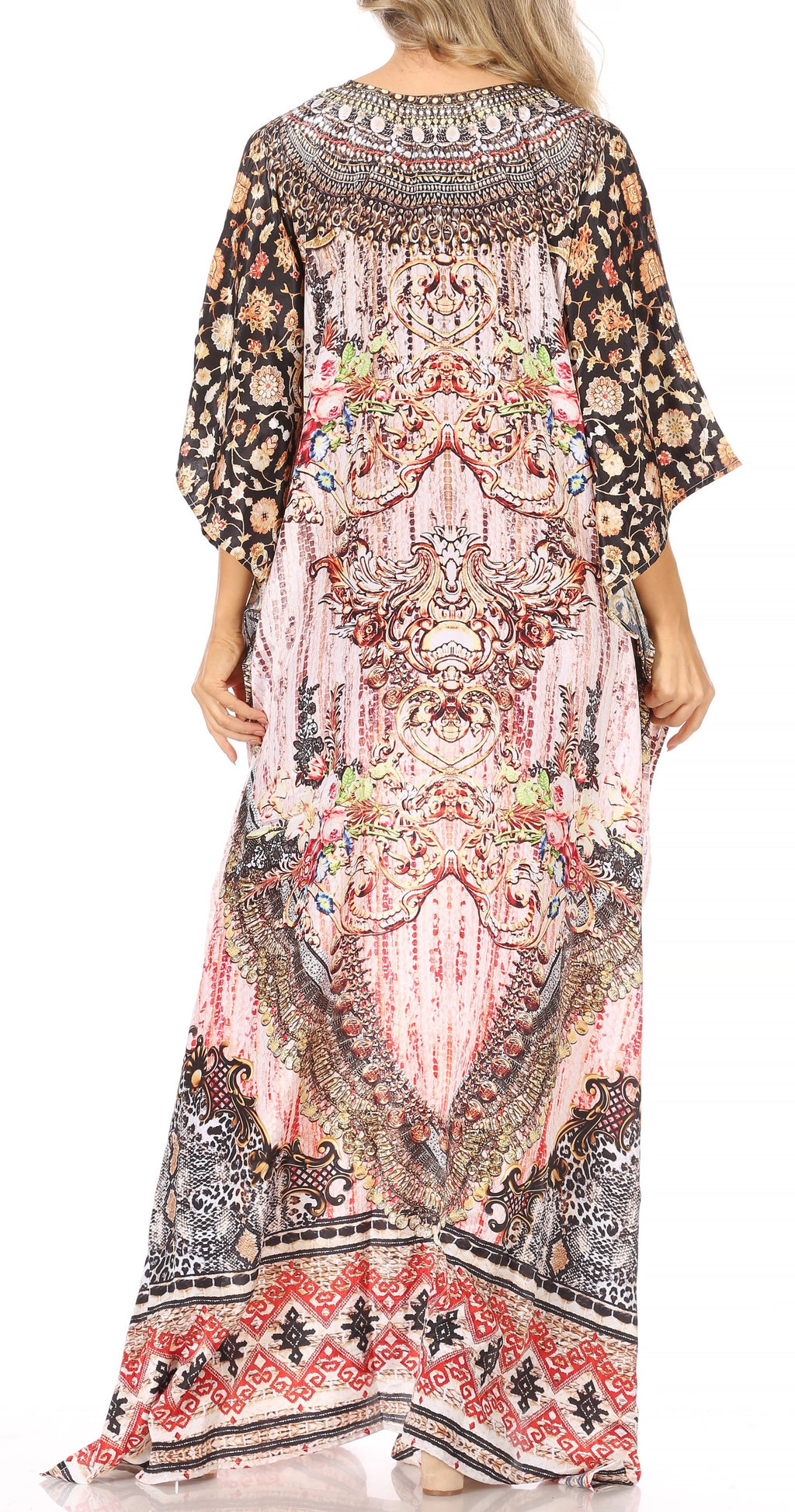 Sakkas Georgettina Flowy Rhinestone V Neck Long Caftan Dress/Cover Up Sakkas Store