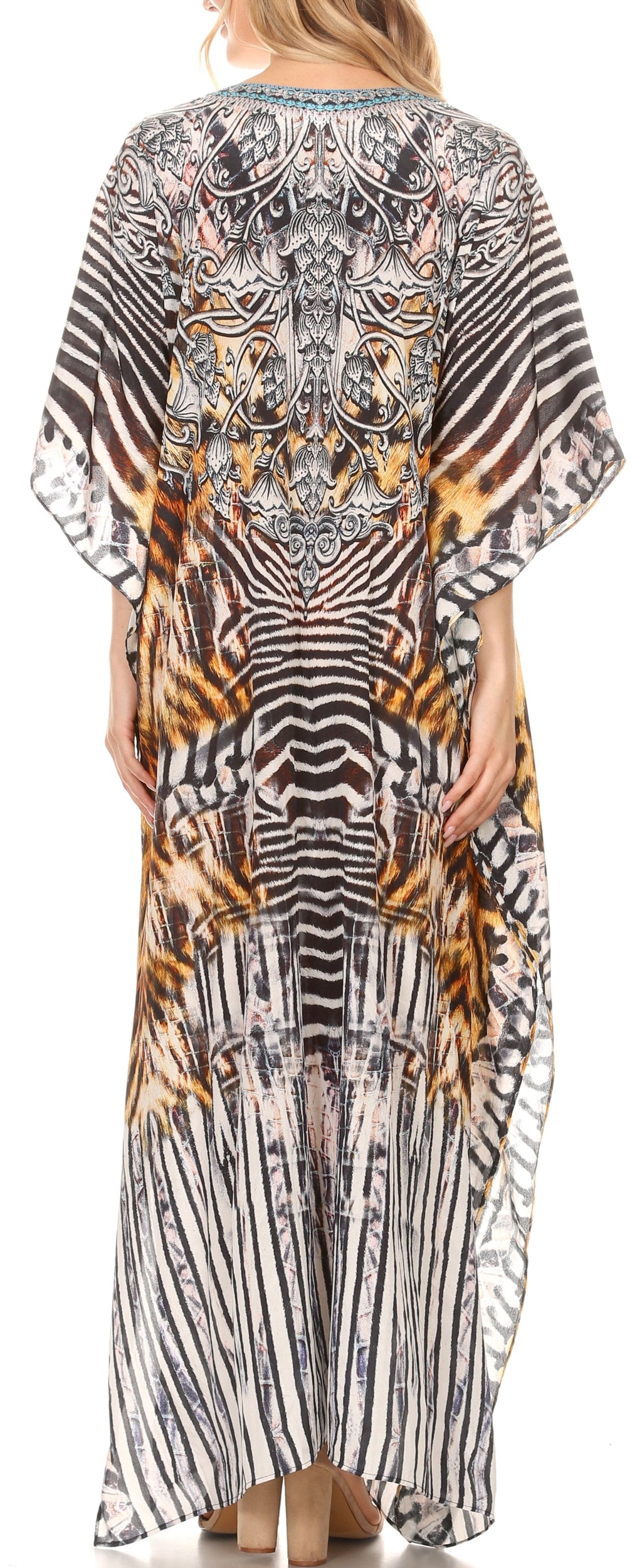 Sakkas Georgettina Flowy Rhinestone V Neck Long Caftan Dress/Cover Up Sakkas Store
