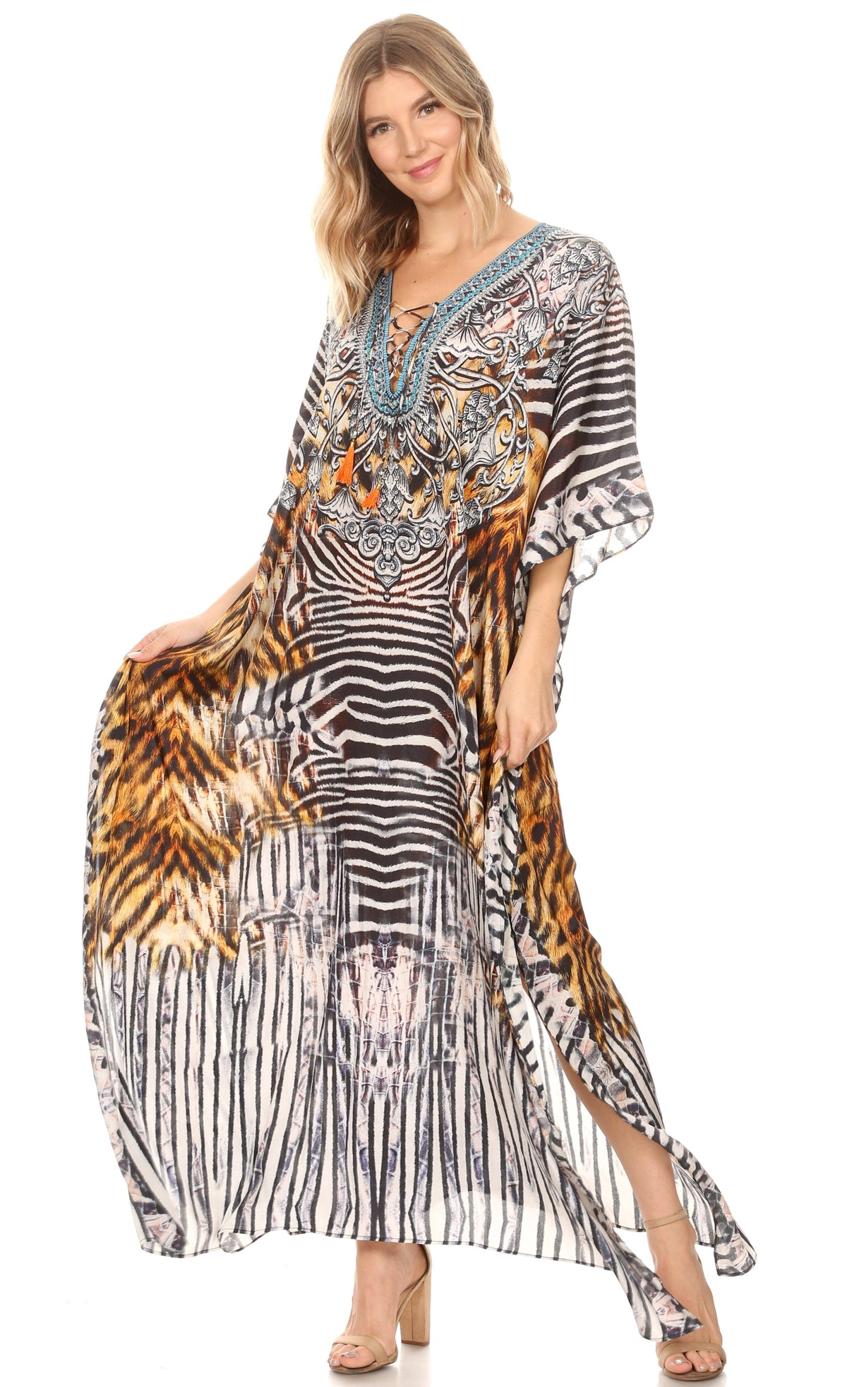 Sakkas Georgettina Flowy Rhinestone V Neck Long Caftan Dress/Cover Up Sakkas Store