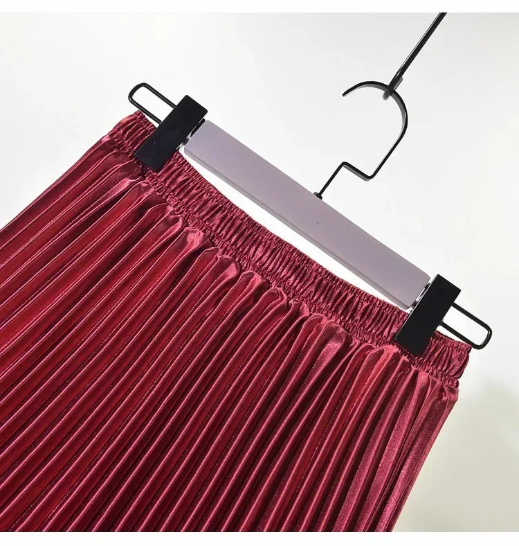 Classic Golden Velvet Pleated Skirt High Waist Retro Style Fashion Office Lady Pleated Long Skirt Winter Velvet Skirt 90cm Long Femstylo