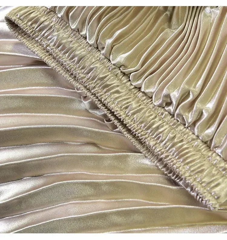 Classic Golden Velvet Pleated Skirt High Waist Retro Style Fashion Office Lady Pleated Long Skirt Winter Velvet Skirt 90cm Long Femstylo