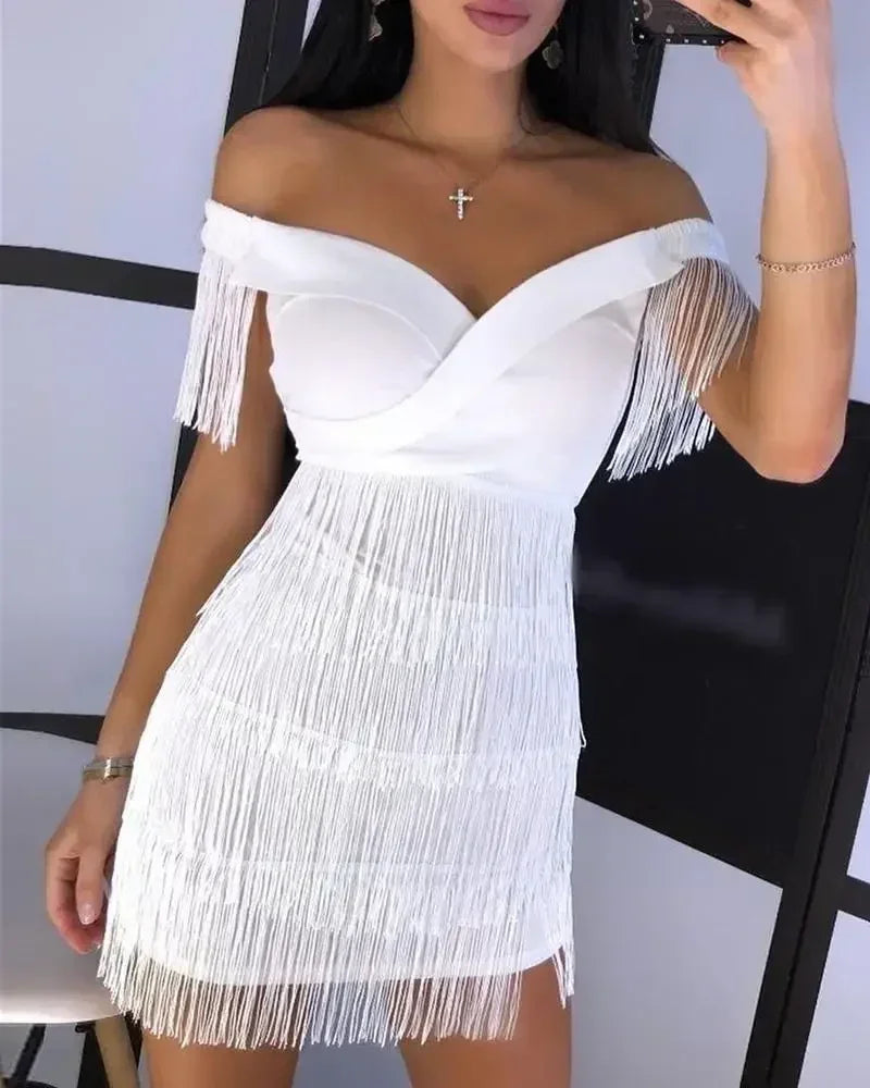 White Fringe Celebrity Evening Runway Party Dress Women Sexy Tassels Short Sleeve Club Dress Vestidos Femstylo