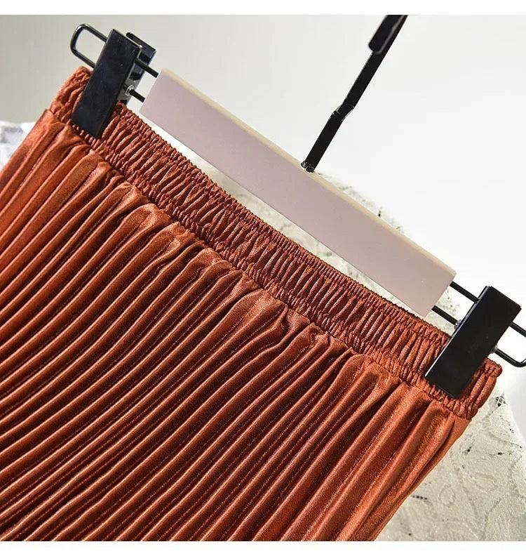 Classic Golden Velvet Pleated Skirt High Waist Retro Style Fashion Office Lady Pleated Long Skirt Winter Velvet Skirt 90cm Long Femstylo