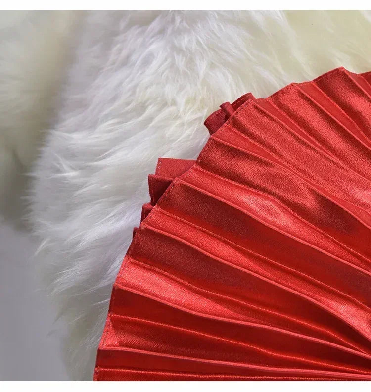 Classic Golden Velvet Pleated Skirt High Waist Retro Style Fashion Office Lady Pleated Long Skirt Winter Velvet Skirt 90cm Long Femstylo