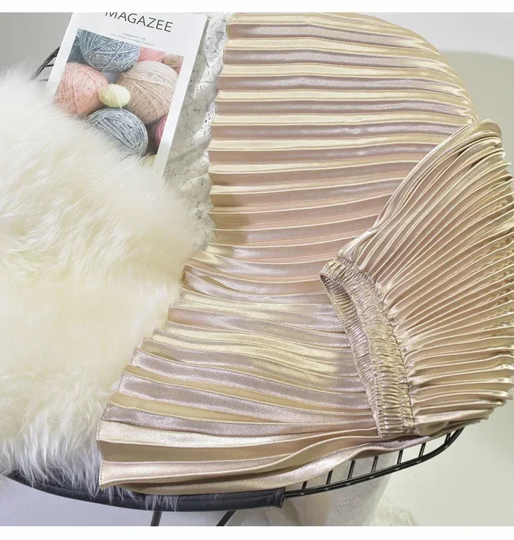 Classic Golden Velvet Pleated Skirt High Waist Retro Style Fashion Office Lady Pleated Long Skirt Winter Velvet Skirt 90cm Long Femstylo