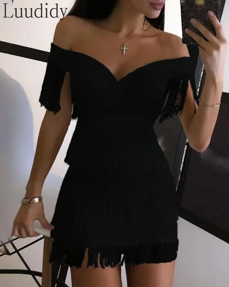White Fringe Celebrity Evening Runway Party Dress Women Sexy Tassels Short Sleeve Club Dress Vestidos Femstylo