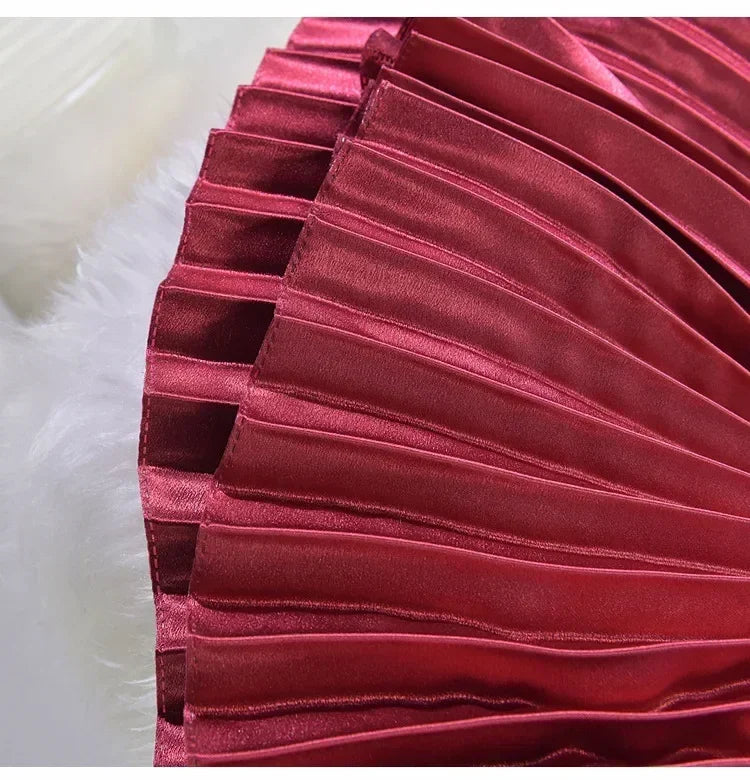 Classic Golden Velvet Pleated Skirt High Waist Retro Style Fashion Office Lady Pleated Long Skirt Winter Velvet Skirt 90cm Long Femstylo