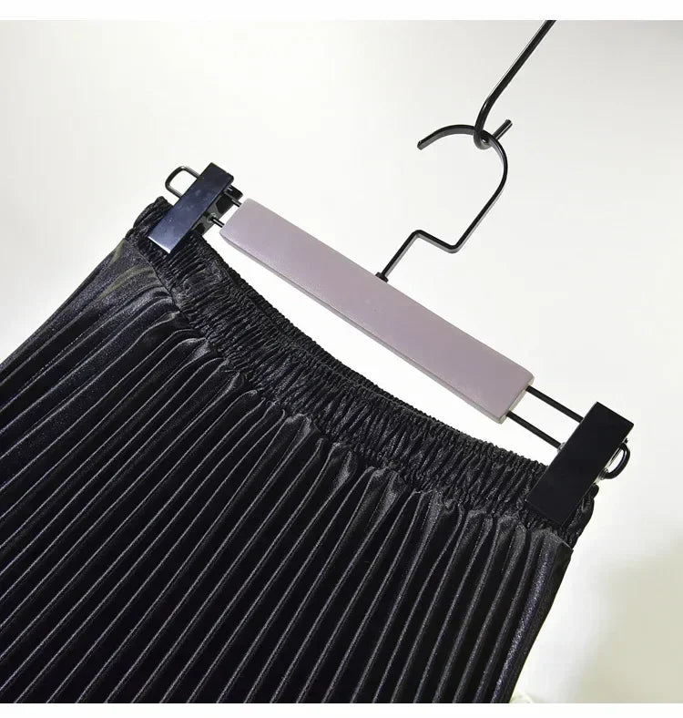 Classic Golden Velvet Pleated Skirt High Waist Retro Style Fashion Office Lady Pleated Long Skirt Winter Velvet Skirt 90cm Long Femstylo