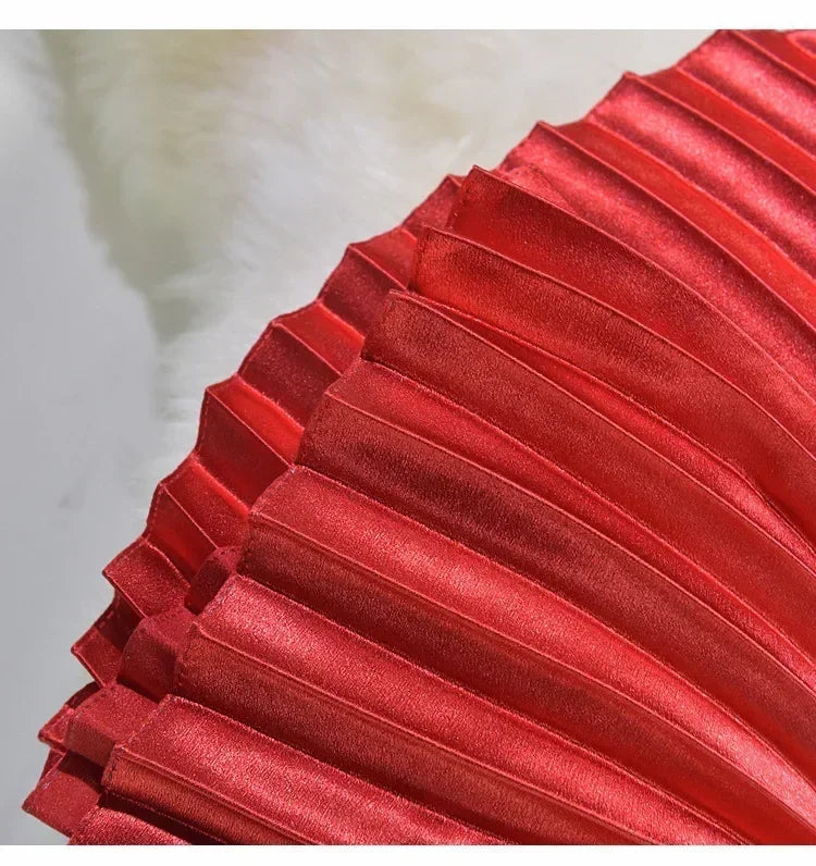 Classic Golden Velvet Pleated Skirt High Waist Retro Style Fashion Office Lady Pleated Long Skirt Winter Velvet Skirt 90cm Long Femstylo