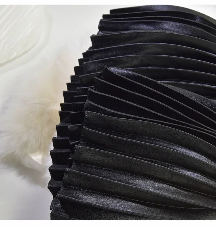 Classic Golden Velvet Pleated Skirt High Waist Retro Style Fashion Office Lady Pleated Long Skirt Winter Velvet Skirt 90cm Long Femstylo