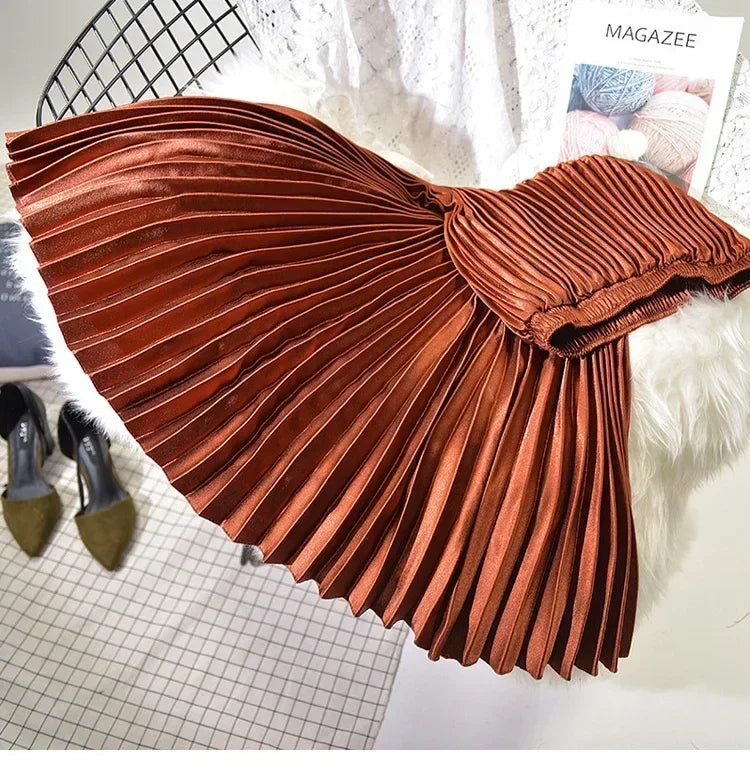 Classic Golden Velvet Pleated Skirt High Waist Retro Style Fashion Office Lady Pleated Long Skirt Winter Velvet Skirt 90cm Long Femstylo