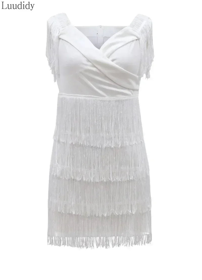 White Fringe Celebrity Evening Runway Party Dress Women Sexy Tassels Short Sleeve Club Dress Vestidos Femstylo