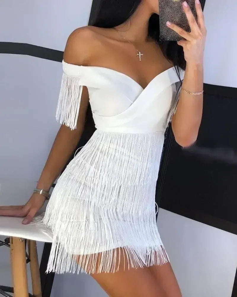 White Fringe Celebrity Evening Runway Party Dress Women Sexy Tassels Short Sleeve Club Dress Vestidos Femstylo