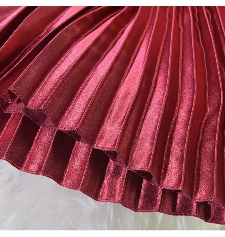 Classic Golden Velvet Pleated Skirt High Waist Retro Style Fashion Office Lady Pleated Long Skirt Winter Velvet Skirt 90cm Long Femstylo