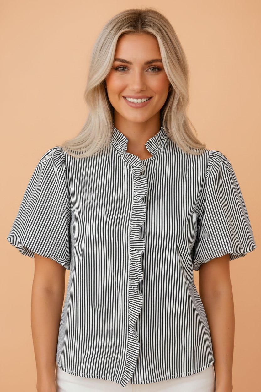 Stripe Ruffle Bubble Sleeve Shirt Pretty Bash