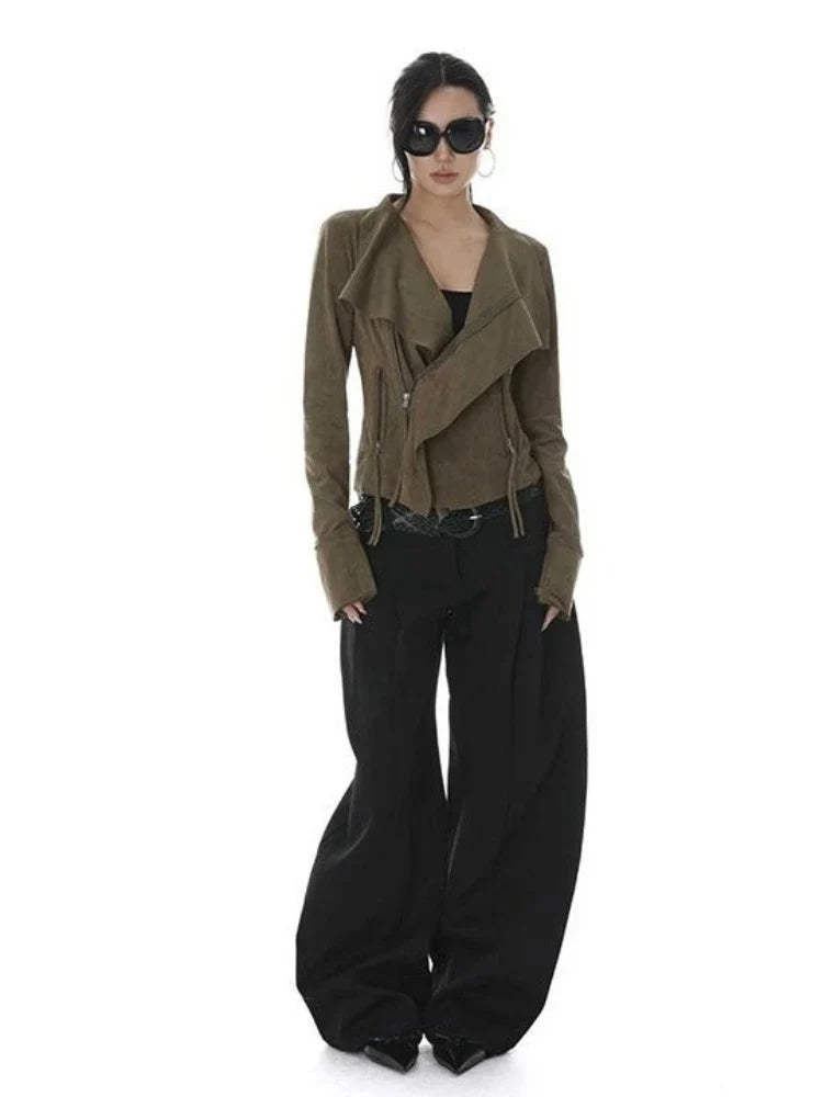 Vintage Turn Down Collar Cropped Jackets Women Harajuku Punk Slim Fit Coat Streetwear Pocket Zipper Y2k Aesthetic Grunge Outwear Urban Fashion Icon