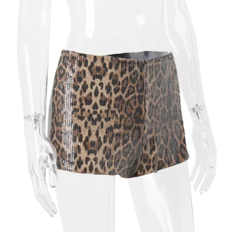 WhereMery Retro Leopard Print Seguins Shiny Chic Short Pants Y2K Spring Women's Fashion Night Club Streetwear Women Mini Bottoms Femstylo