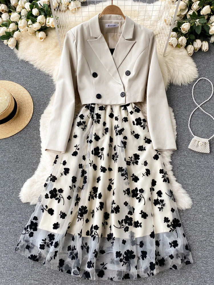 French Style Elegant Two Piece Sets Women Double Breasted Blazer Jacket + Mesh A-line Long Dress Fashion Korean Outfits Urban Fashion Icon