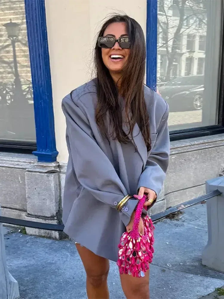 Women's V-Neck Side-Buttoned Suit Jacket Long Sleeve Solid Color Coats Pocket Cuffs Oversize Tops High Street Female Clothes Femstylo