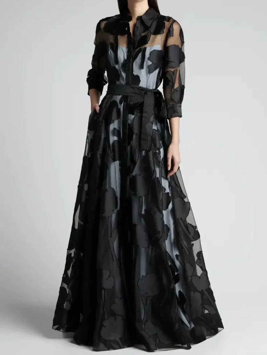 Elegant Three-Quarter Sleeve Knotted Waist Jacquard Mesh Maxi Dress for Women No Lining Transparent Club Party Long Dress Femstylo