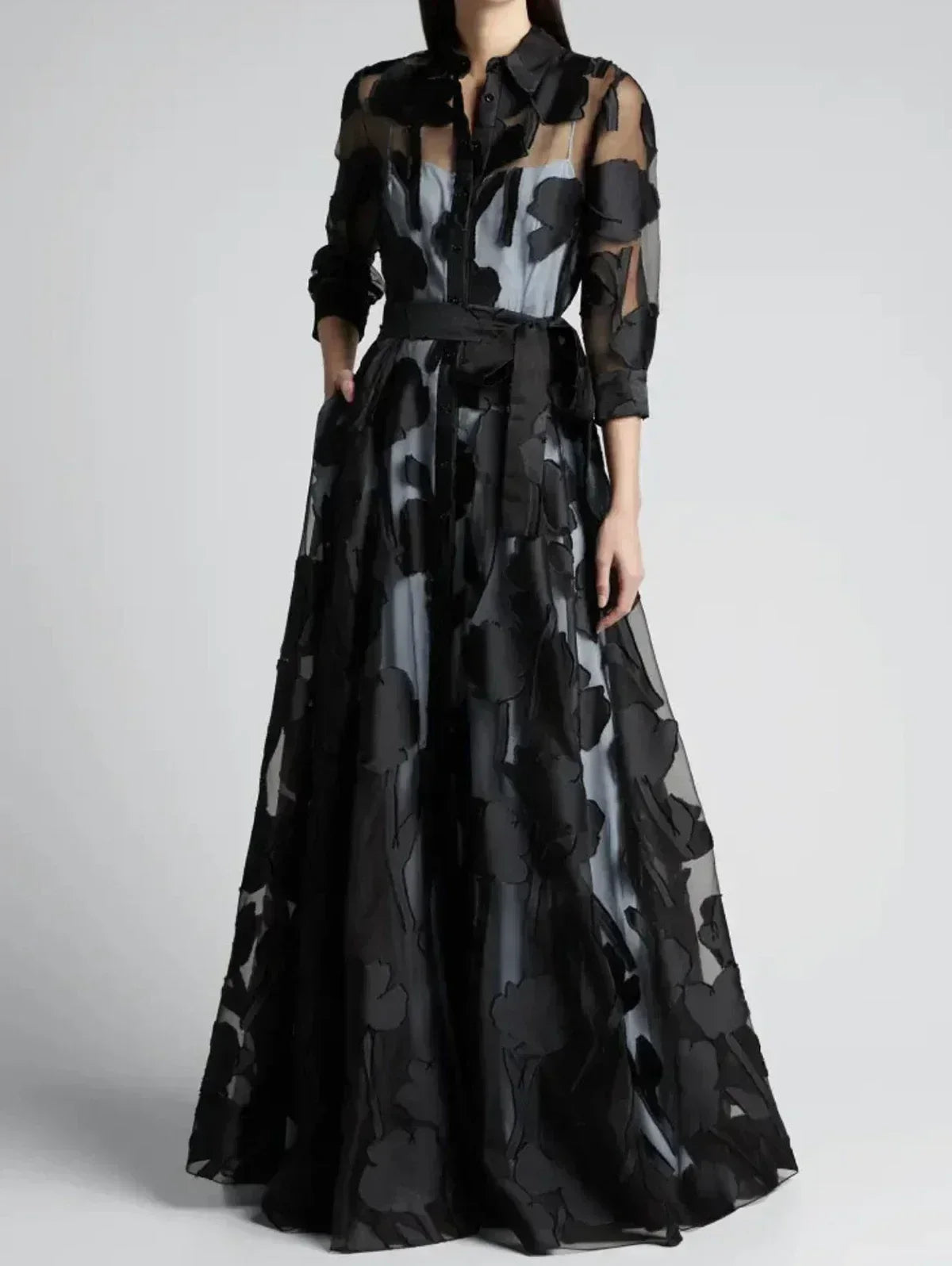 Elegant Three-Quarter Sleeve Knotted Waist Jacquard Mesh Maxi Dress for Women No Lining Transparent Club Party Long Dress Femstylo