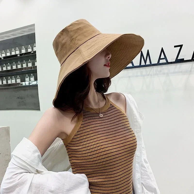 Japanese Sunshade Female Spring and Summer Sunscreen Free To Fold Big Brim Sun Hat Fisherman Hat Cover Face Oversized Hair Femstylo