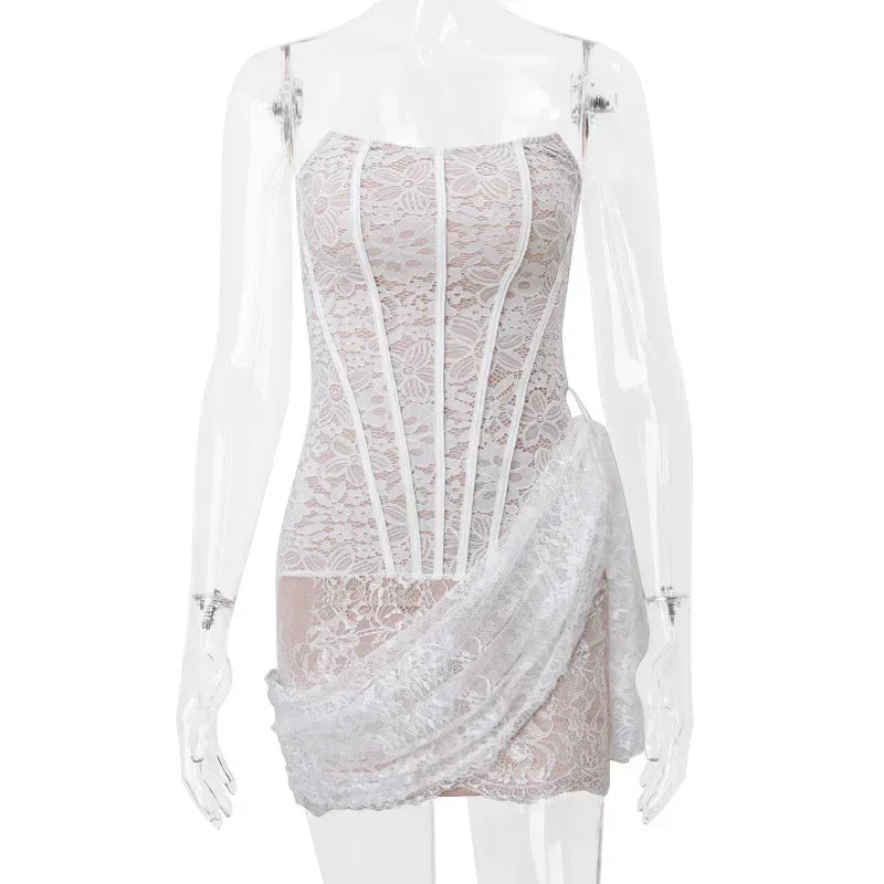 Candyhot Elegant Lace Strapless Sexy See-through Dress Bandage Irregular Mini Dress For Women Summer Slim Street Party Dress Femstylo
