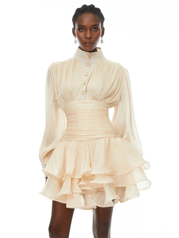 Solid Victorian-inspired Mini Dress Women Puff-sleeve Ruched Tiered Romantic Cottagecore Party Dresses 2026 Trendy Elegant Robe Urban Fashion Icon