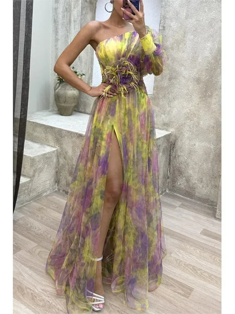 Elegant Oblique Shoulder Single-sleeve  Zipper High Slit Mesh Long Dress For Women Fashion Flower Decoration Party Dress Female Femstylo