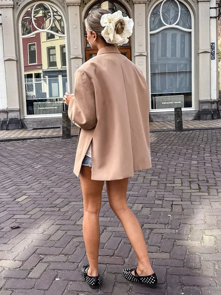 Women's V-Neck Side-Buttoned Suit Jacket Long Sleeve Solid Color Coats Pocket Cuffs Oversize Tops High Street Female Clothes Femstylo