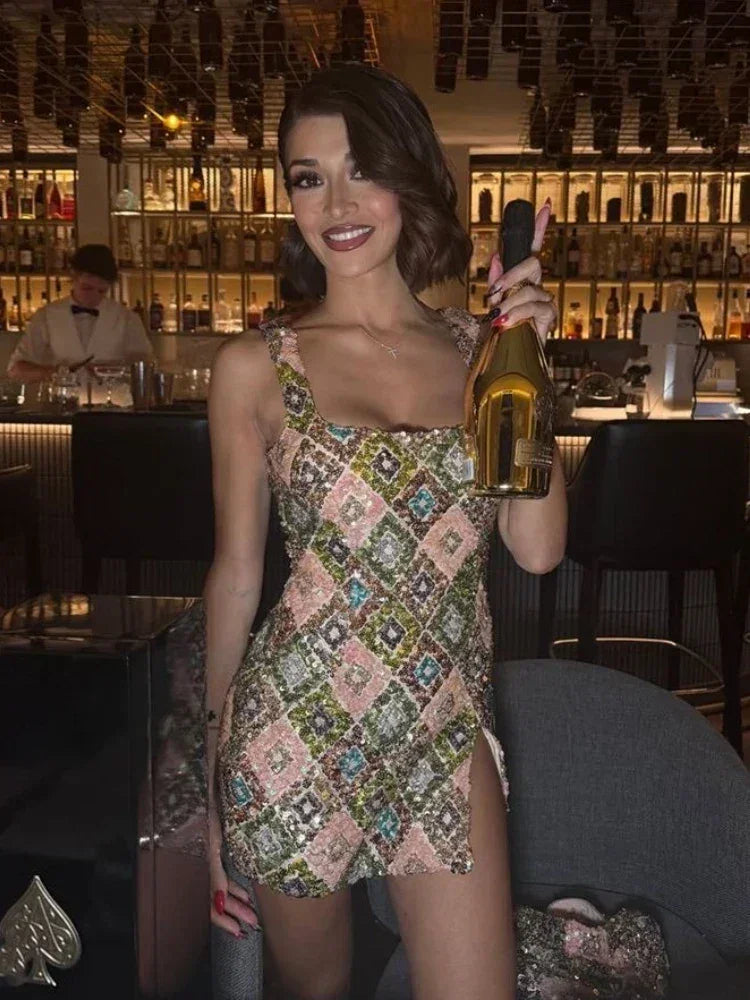 Colorful Rhombus Sequins Sexy Mini Dress Elegant Chic Straps Slit Bodycon Party Dresses Summer Holidays Evening Women Dress 2025 Femstylo