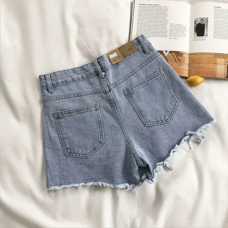 Korean Denim Shorts Women Summer Fashion Casual High Waist Ripped Jeans Pocket Tassel Y2K Hot Pants Streetwear Blue Trousers Femstylo