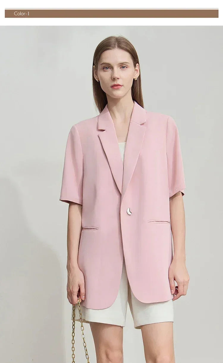 Amii Women's Top Minimalist 2025 Summer New Notched Lapel Contrast Material Patchwork One Button Short Sleeve Blazer 12542081 Femstylo