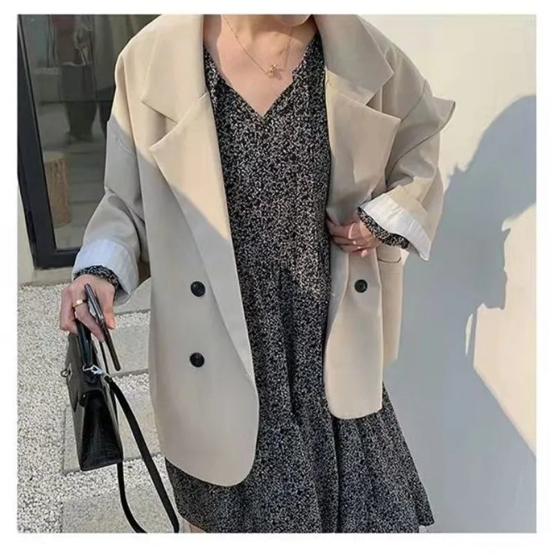 Oversize Blazers Women Long Sleeve Black Suit Streetwear Korean Chic Loose Jacket Spring Autumn Coat Double-breasted Tweed New Urban Fashion Icon