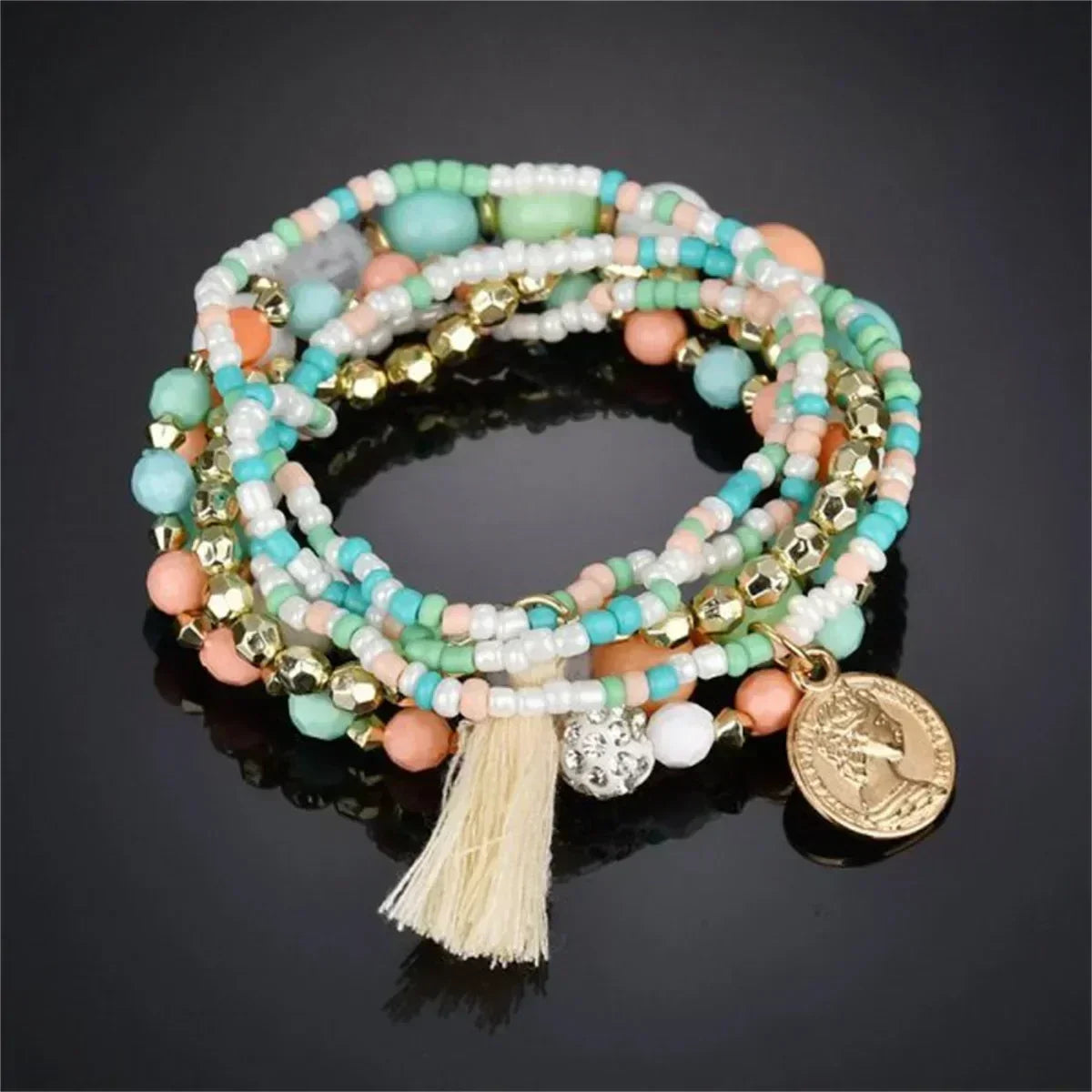 Bohemia Crystal Tassel Multicolor Beads Bracelets For Women Handmade Elastic Rope Charm Wrap Bracelet Summer Beach Party Jewelry Femstylo